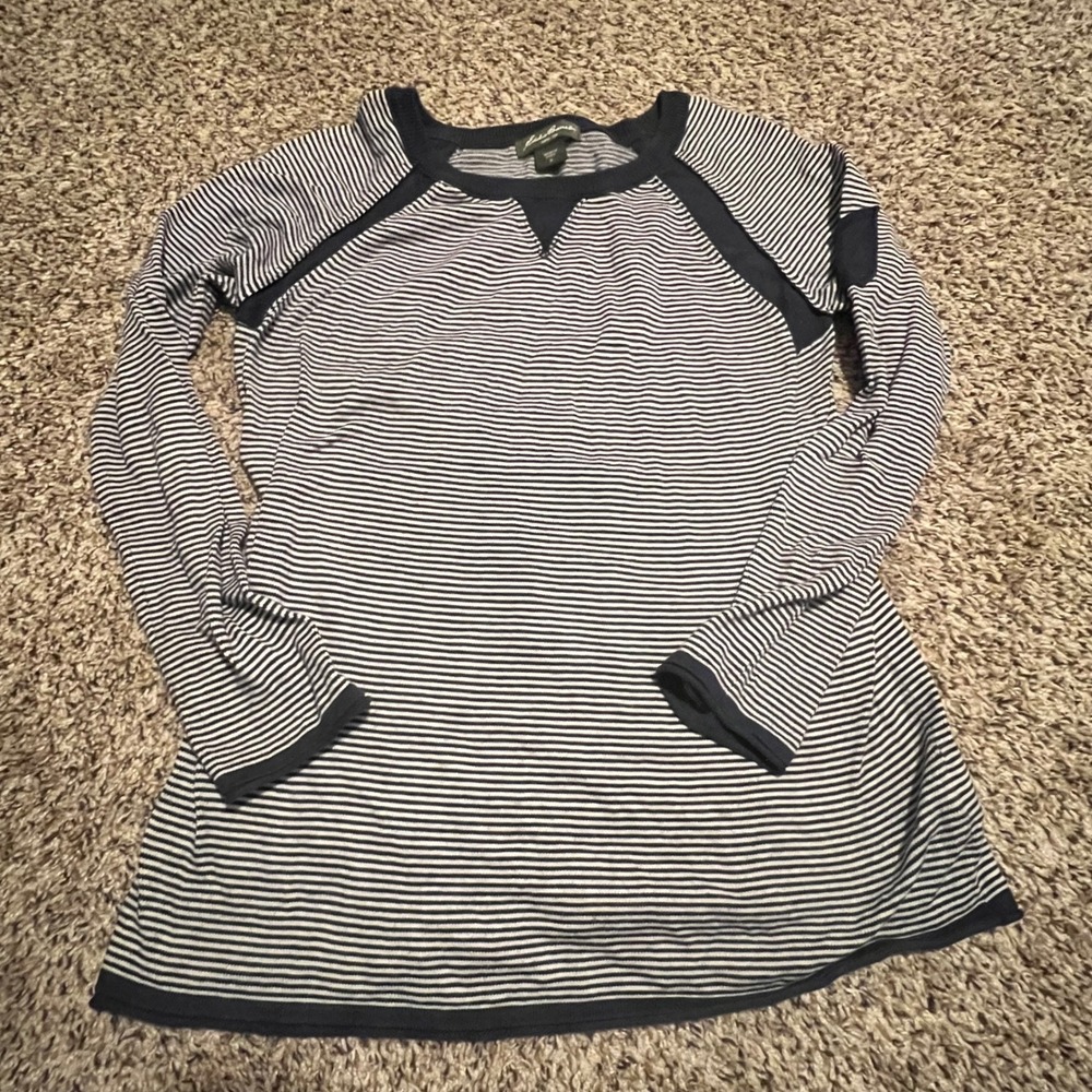 Eddie Bauer‎ Womens Navy Blue White Striped Raglan Long Sleeve Knit Top Size M